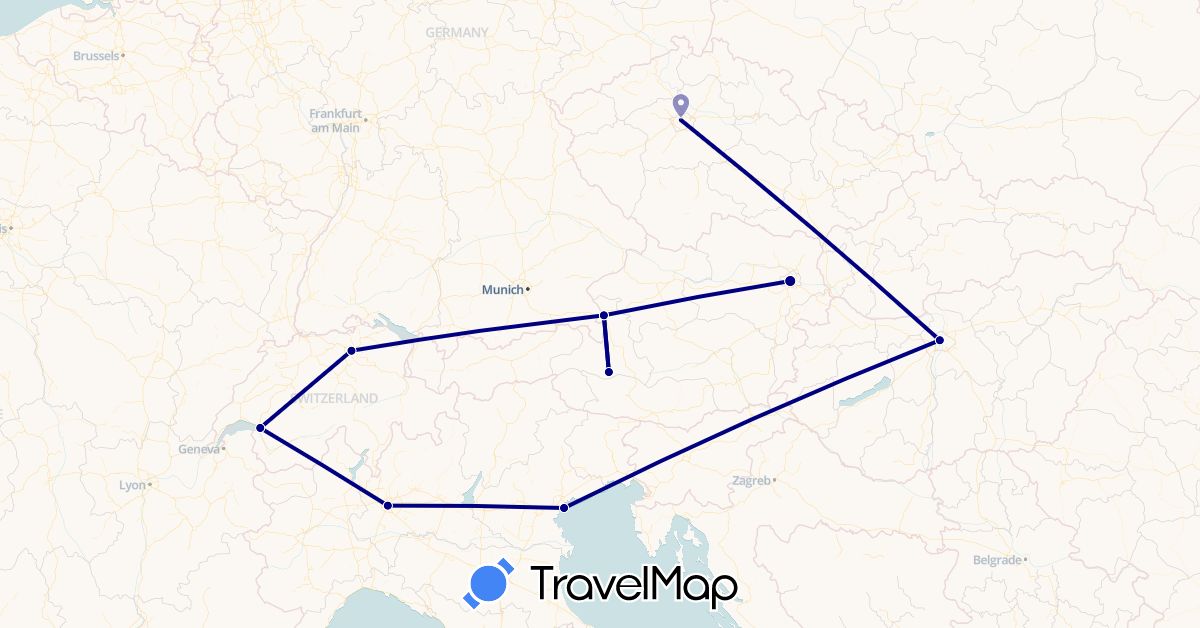 TravelMap itinerary: driving in Austria, Switzerland, Czech Republic, Hungary, Italy (Europe)