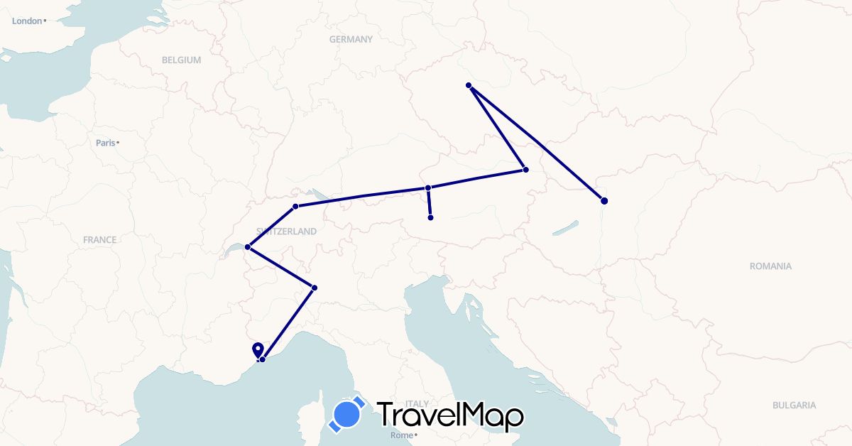 TravelMap itinerary: driving in Austria, Switzerland, Czech Republic, France, Hungary, Italy, Monaco (Europe)